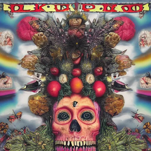 Image similar to punk album cover, blank horizontal banner on top, psychedelic, giuseppe arcimboldo