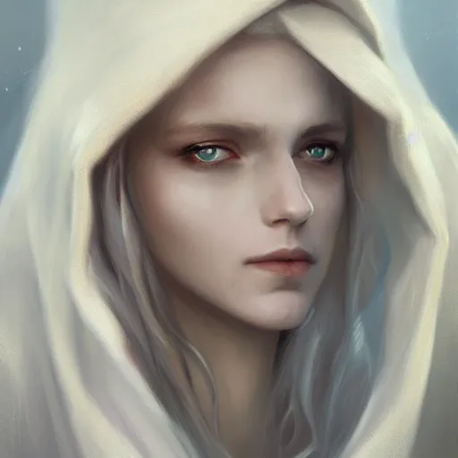 Prompt: a head - on detailed oil portrait of a distinguished ( ( elven ) ) woman wearing a white hood with long!! curly!! blonde hairs and bright irises, by charlie bowater, lise deharme, wlop, trending on artstation, dungeon and dragons art, l critical role