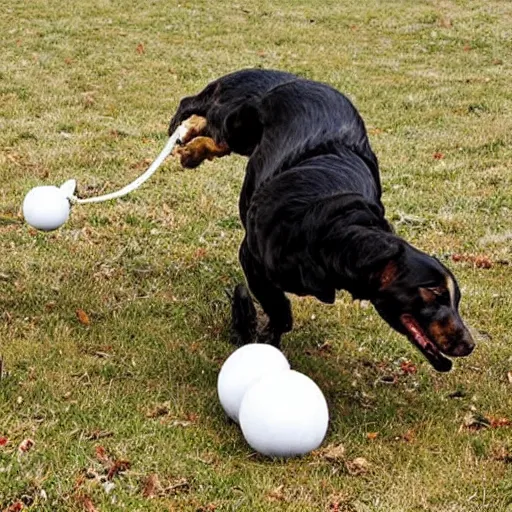 Prompt: award winning photograph, dog licking balls