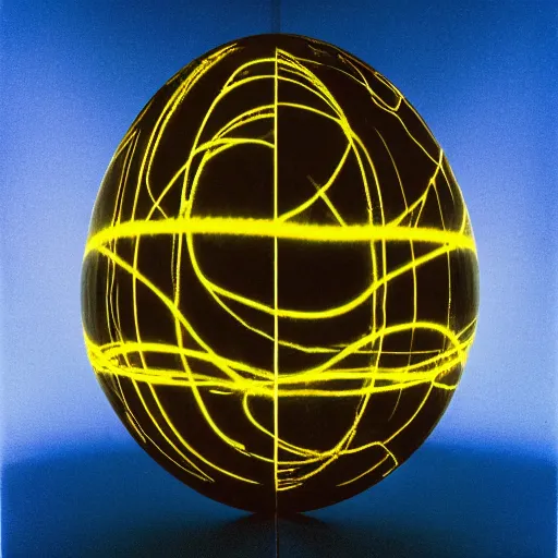 Image similar to annie liebowitz portrait of a plasma energy tron dinosaur egg in the shape of a random circular shapes, made up of glowing electric plates and patterns. cinestill