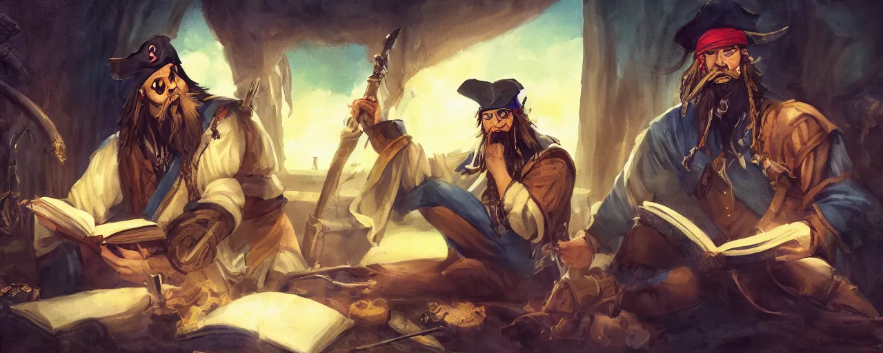 Prompt: pirate with a long beard and a scimitar reading a book, anime, trending in artstation, 8k, dark lighting