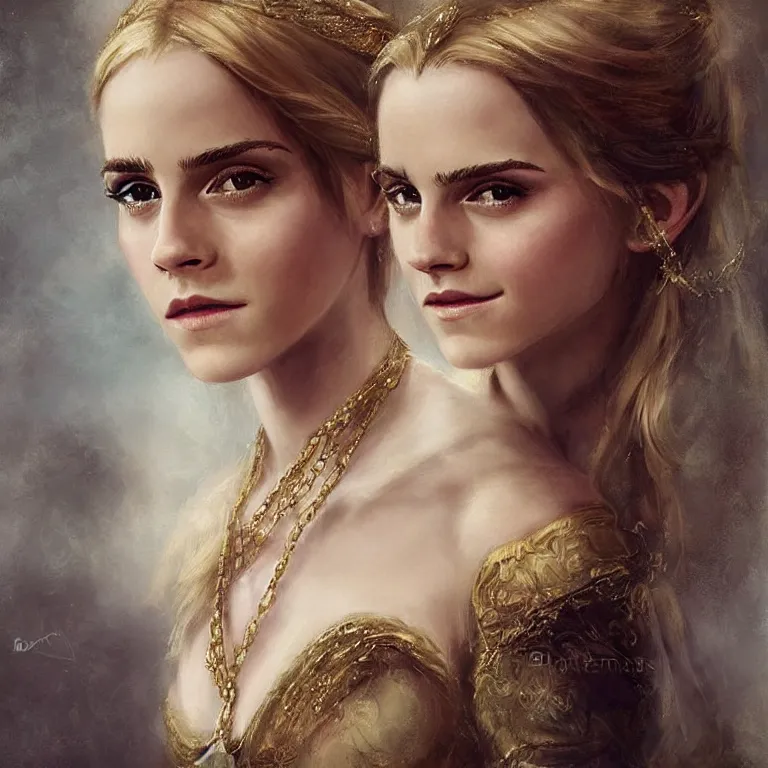 Prompt: emma watson a fantasy portrait of a beautiful noble elf princess with blonde hair and regal jewellry by bowater, charlie