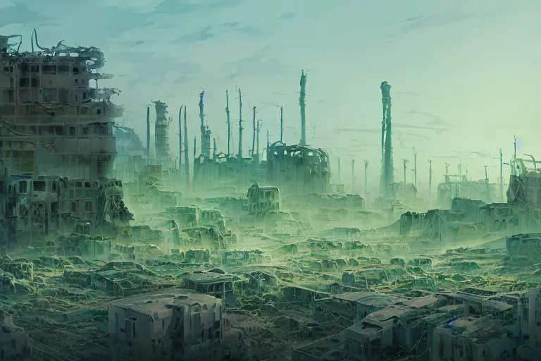 Prompt: centred painting of a destroyed toxic city wasteland, green plutonium gas, dead bodies, octane rendering, trending on artstation, studio ghibli, michael whealan and james gurney
