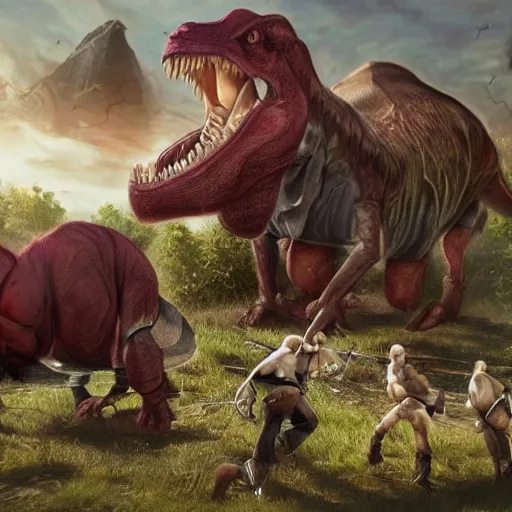 Image similar to A large dinosaur! fighting with several realistic detailed cavemen with proportioned bodies, next to the dinosaur are cavemen, the cavemen are armed with spears, the caveman are in a fighting stance, the cavemen are wearing animal furs, one caveman is stabbing the dinosaur with his spear, one caveman is cowering in fear, coarse canvas, visible brushstrokes, intricate, extremely detailed painting by William Turner (and by Greg Rutkowski)