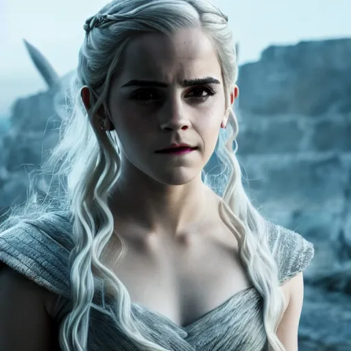 Image similar to Emma Watson as Daenerys Targaryen, XF IQ4, f/1.4, ISO 200, 1/160s, 8K, Sense of Depth, color and contrast corrected, Nvidia AI, Raytracing, Dolby Vision, in-frame