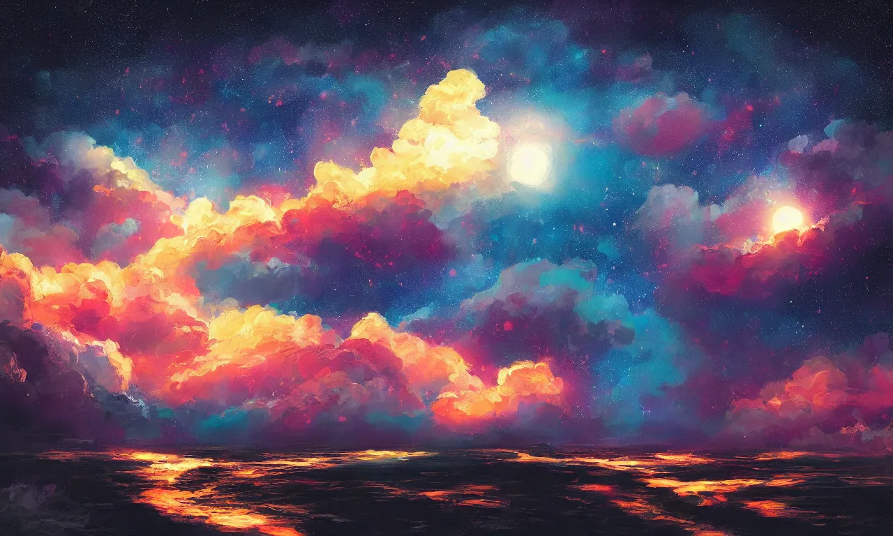 Prompt: a beautiful painting of fire sea, starry sky, moon ， cloud, by liam wong and yuumei and yanjun chen, trending on artstation