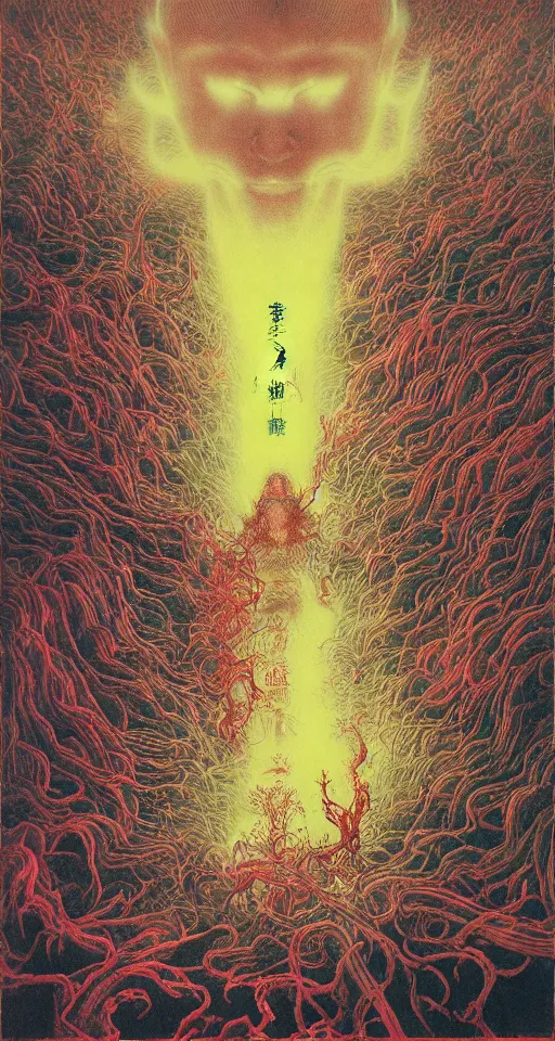 Image similar to zhongyuan festival, chinese ghost festival, king of hell, inside page of comic book, psychedelic lights and fog, in the style of zdzislaw beksinski, ayami kojima, takato yamamoto, barclay shaw, karol bak, glowing light and shadow, hyperrealist