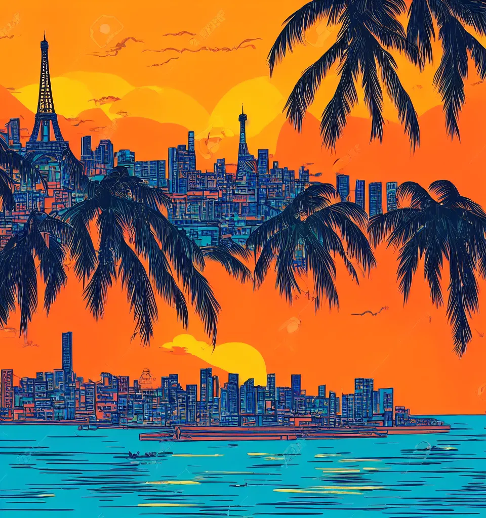 Image similar to gorgeous romantic sunset, cliffside onlooking the beautiful city of paris, warm colors, tropical, in the style of hiroshi nagai, very detailed, tropical, 8 0 s