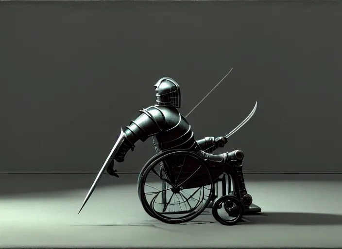 Image similar to knight in armor in a wheelchair do tricks, minsk, highly detailed, soft lighting, elegant, works by edward hopper and james gillard, zdislaw beksinski, stephen outram, andreas m wiese, highly detailed, masterpiece. rendered in blender, smooth shadows, ultra detail, high resolution, unreal 6, 8 k