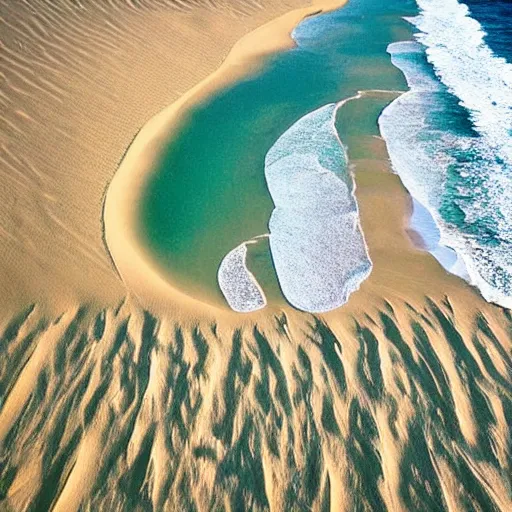 Prompt: sand dunes meeting the ocean, gorgeous, high detail, perfect lighting, aerial shot