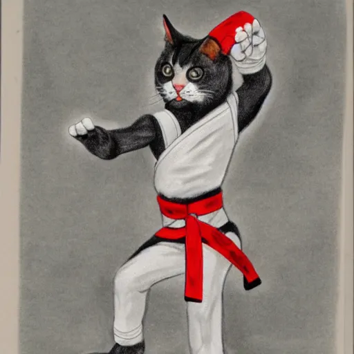 Image similar to drawing of a humanoid cat wearing a karate uniform in fighting pose