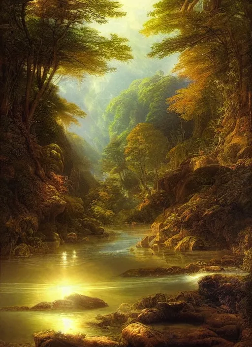 Image similar to a forest oasis, rock pools, harmony of nature, infinite dawn, angelic light, sparkling dew, epic atmosphere, by asher brown durand, by yoshitaka amano