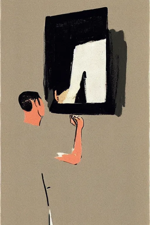 Image similar to man looking into a mirror, 1960’s minimalist advertising illustration, painterly, expressive brush strokes