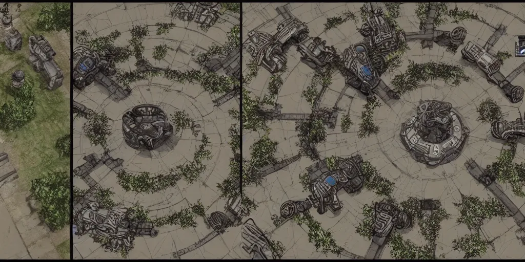 Prompt: top down gears of war map, symmetrical outpost, hand drawn, architectural design blueprints