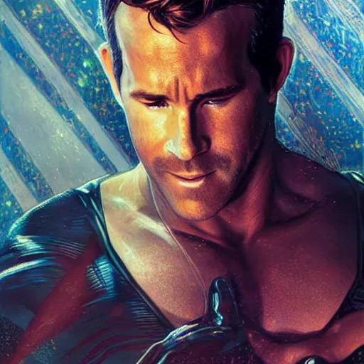 Image similar to ryan reynolds as a black and blue suit spider - man, cinematic, volumetric lighting, f 8 aperture, cinematic eastman 5 3 8 4 film, photorealistic by greg rutkowski, by stanley artgerm, by alphonse mucha