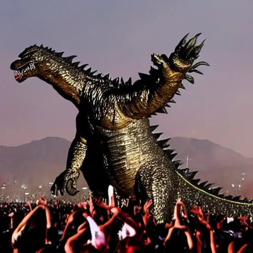 Image similar to Godzilla as Beyoncé performing on stage at Coachella, photo