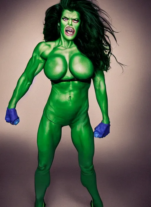 Image similar to a color photo portrait of she hulk in la by terry richardson, dramatic lighting, 7 5 mm lens, sharp focus.