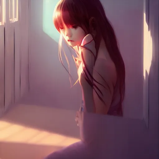 Prompt: very small little girl by ross tran : : reaching into their reflection in the mirror by sana takeda : : rtx reflections, very high intricate details, digital anime art by artgerm, medium shot, mid - shot, composition by ilya kuvshinov, lighting by greg rutkowski