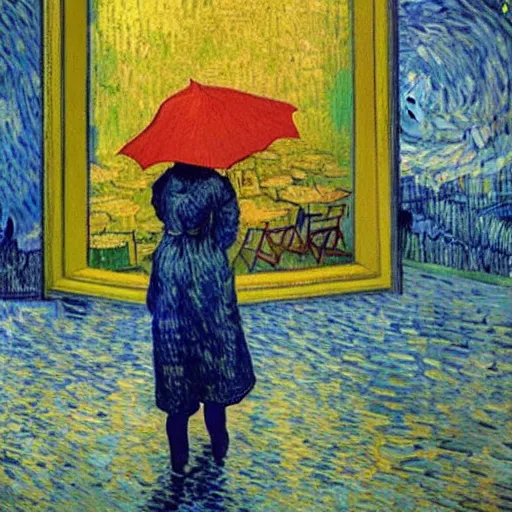 Image similar to girl with an umbrella girl with an umbrella. a walk inside a van gogh painting is a starry night. inside the painting. see everything from the inside. clearly detailed. dramatic.