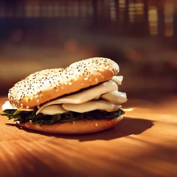 Image similar to cream cheese smoked salmon bagel, splash art, movie still, cinematic lighting, dramatic, octane render, long lens, shallow depth of field, bokeh, anamorphic lens flare, 8 k, hyper detailed, 3 5 mm film grain