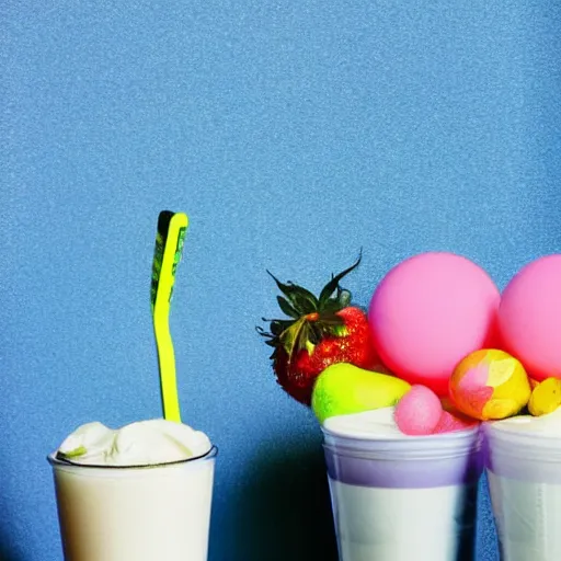 Image similar to three cups of yougurt jars next to a tennis racket, a stock photo by pia fries, trending on pinterest, lyco art, y 2 k aesthetic, vaporwave, aesthetic, side view