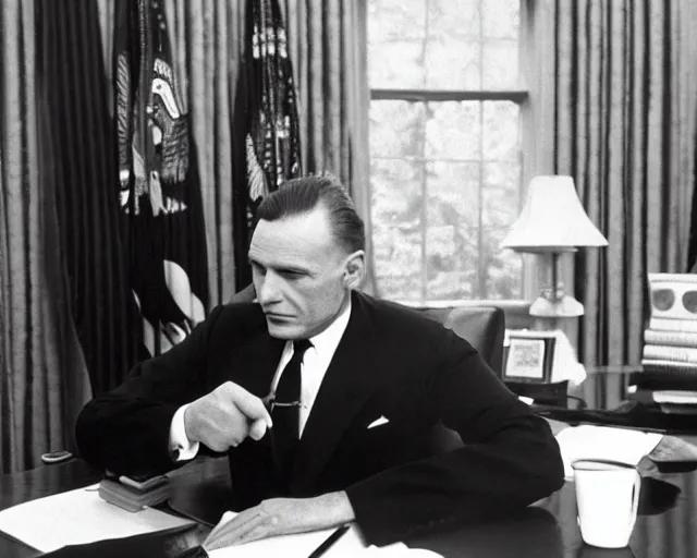 Image similar to a reptilian alien, wearing a suit, in the oval office, 1951, early black and white photo, cdx