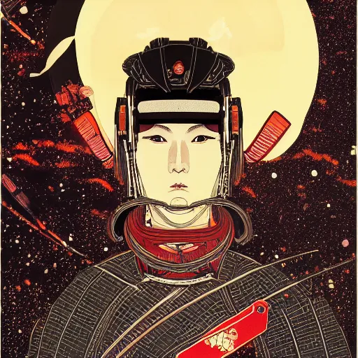 Image similar to a beautiful ukiyo painting of samurai in space futuristic helmet, wearing space techwear, detailed symmetrical close up portrait, intricate complexity, by takato yamamoto, wlop, krenz cushart, makoto shinkai, cinematic dramatic atmosphere, sharp focus