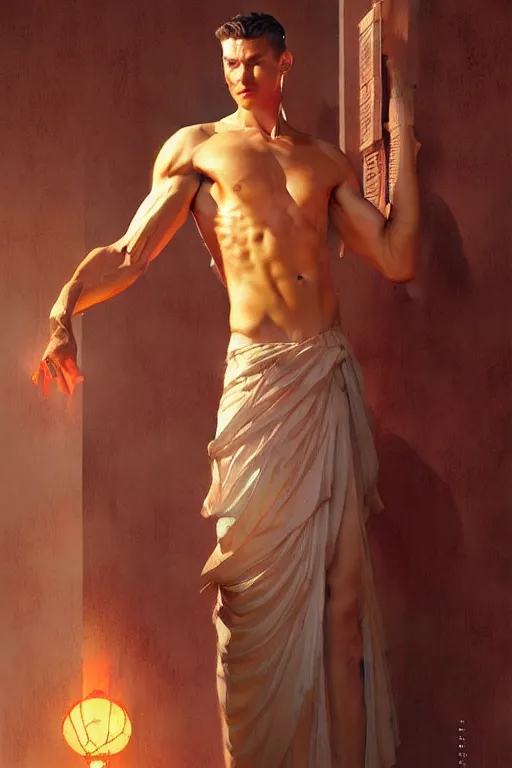 Image similar to male, temple, taoism, painting by greg rutkowski, j. c. leyendecker, artgerm