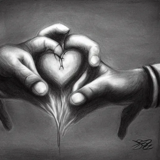 Prompt: drawing of hands ripping a heart into pieces, sadness, dark ambiance, concept by godfrey blow and banksy, featured on deviantart, sots art, lyco art, artwork, photoillustration, poster art