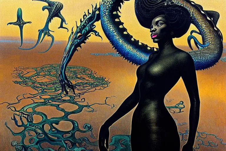 Prompt: realistic extremely detailed closeup portrait painting of a beautiful black woman wearing futuristic dress, dystopian landscape with a mutant dragon on background by Jean Delville, Amano, Yves Tanguy, Alphonse Mucha, Ernst Haeckel, Edward Robert Hughes, Roger Dean, rich moody colours