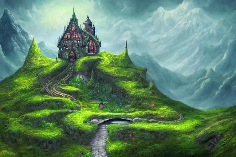 Prompt: cell shaded image of a fantasy single small castle, highly detailed, on lush green hills with a forest in the background, digital illustration, by Tony Sart, by Anato Finnstark