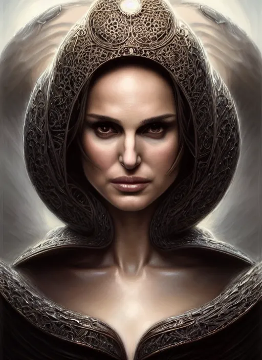 Image similar to portrait shot, natalie portman, sorceress, intricate, elegant, highly detailed, centered, digital painting, artstation, concept art, smooth, sharp focus, illustration, artgerm, tomasz alen kopera, peter mohrbacher, donato giancola, joseph christian leyendecker, wlop, boris vallejo