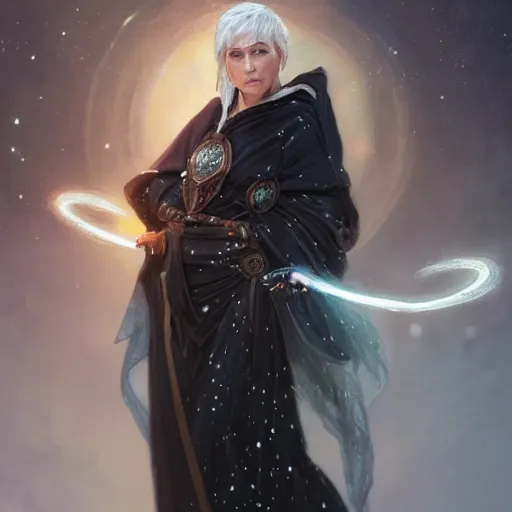 Prompt: portrait of a middle - aged female aasimar druid with short white hair wearing a black robe covered in stars holding a bow, half body, fantasy, highly detailed, digital painting, artstation, concept art, character art, art by greg rutkowski and tyler jacobson and alphonse mucha