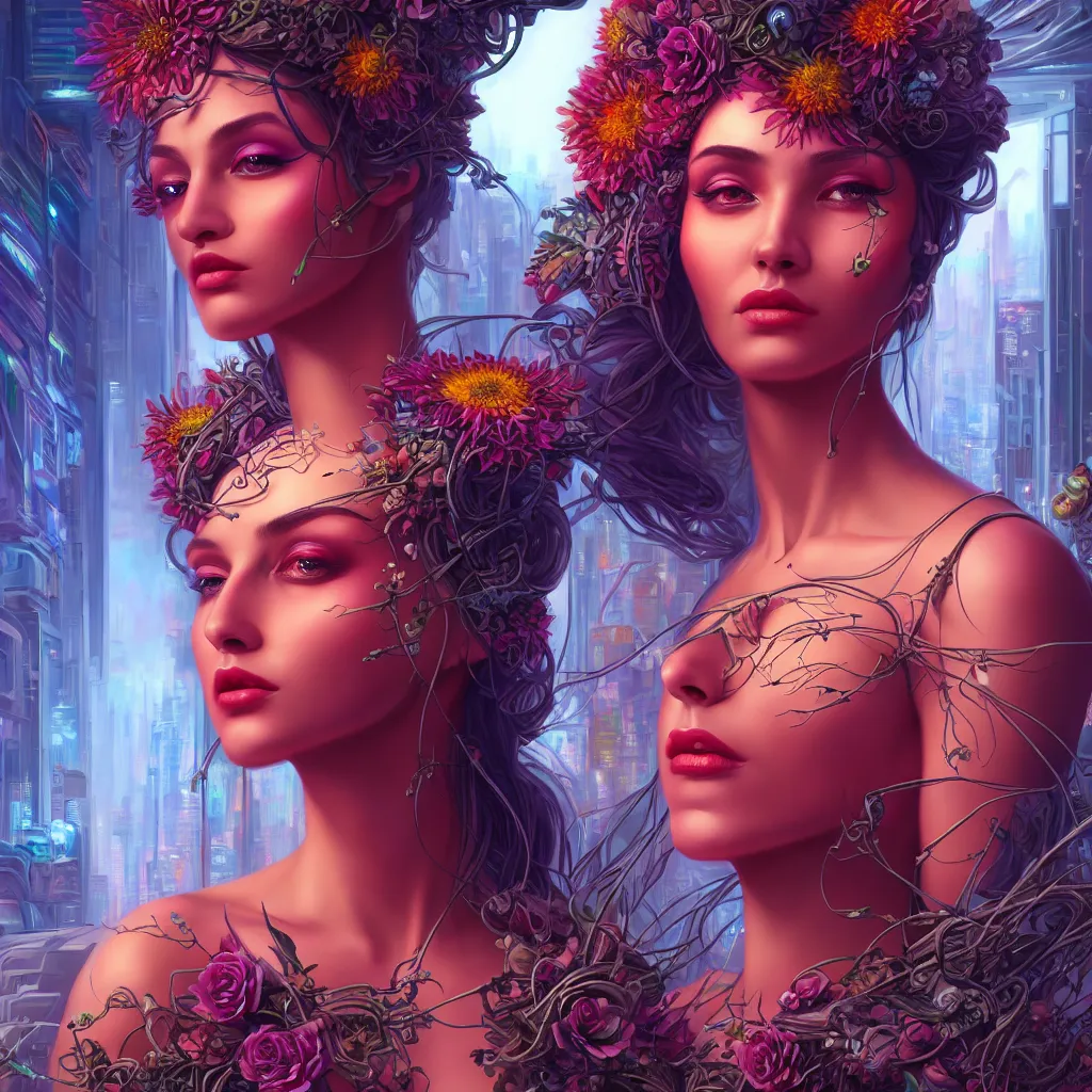 Image similar to a beautiful closeup 4K portrait painting of a flower goddess in a sensual pose, in the style dan mumford artwork, in the background a futuristic cyberpunk city is seen.