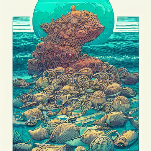 Image similar to sea full of crap been eaten from a big head, by josan gonzales and Dan Mumford