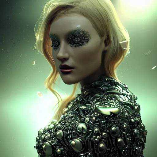 Image similar to beautiful pragmatic face, crystal, platinum, copper, verdigris, biomechanoid with incredible iridescent pearlescent fiberoptic hair, crystalline masterpiece implants, hyperdetailed face, elegant pose, movie still, intricate, octane render, cinematic forest lighting, unreal engine, dieselpunk background setting, crepuscular rays, god rays.