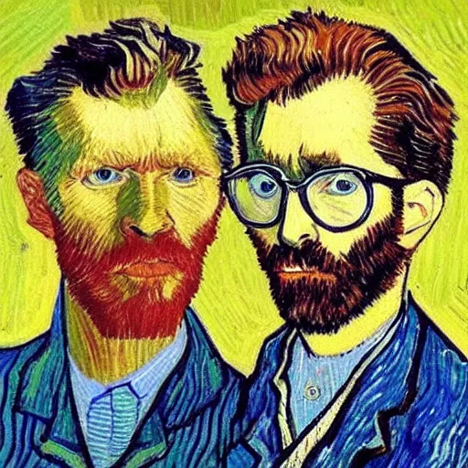 Prompt: “a van Gogh painting of Rhett and link on good mythical morning.”