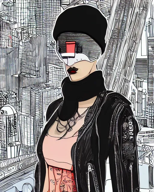 Image similar to cypherpunk fashion illustration, camera face, city street background with high tall buildings, abstract portrait highly detailed, finely detailed