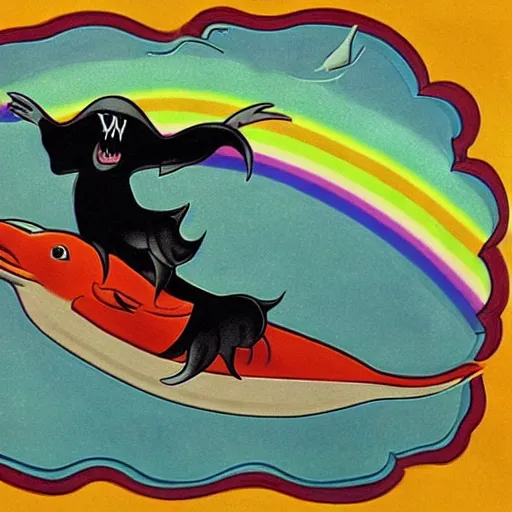 Prompt: the grim reaper riding a dolphin that is jumping over a rainbow, by tex avery,