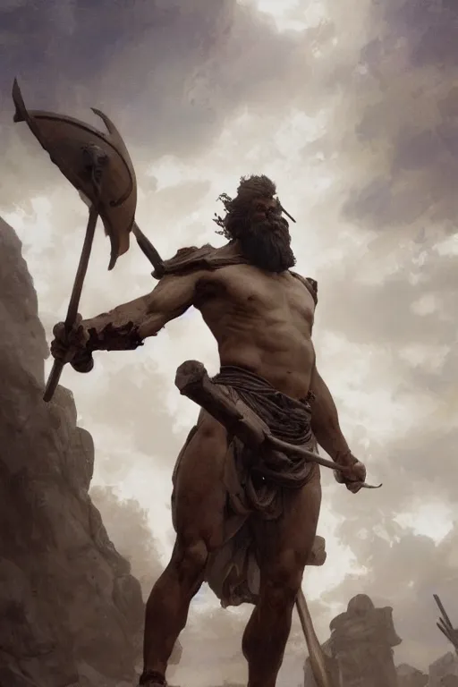 Image similar to ancient historically accurate depiction of the Bible Character Goliath of Gath, the Philistine warrior giant by frank miller, illustration by Ruan Jia and Mandy Jurgens and William-Adolphe Bouguereau, Artgerm, 4k, digital art, surreal, space dandy style, highly detailed, godsend, artstation, digital painting, concept art, smooth, sharp focus, illustration by Ruan Jia and Mandy Jurgens and William-Adolphe Bouguereau, Artgerm