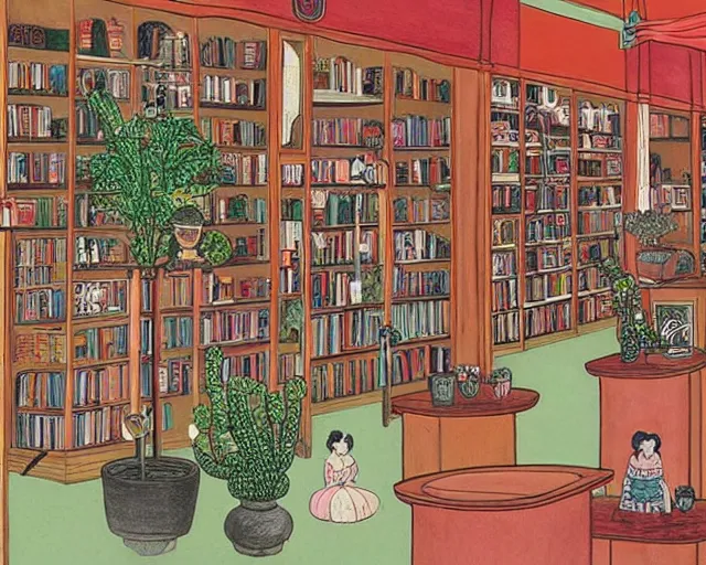 Prompt: bookstore filled with plants and cute monsters detailed pastel painting in the style of george barbier