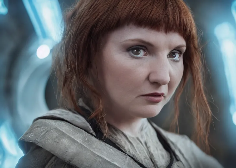 Image similar to still image of alice levine as a jedi in a star wars movie, close - up, cinematic, 4 0 mm f / 2. 8, anamorphic
