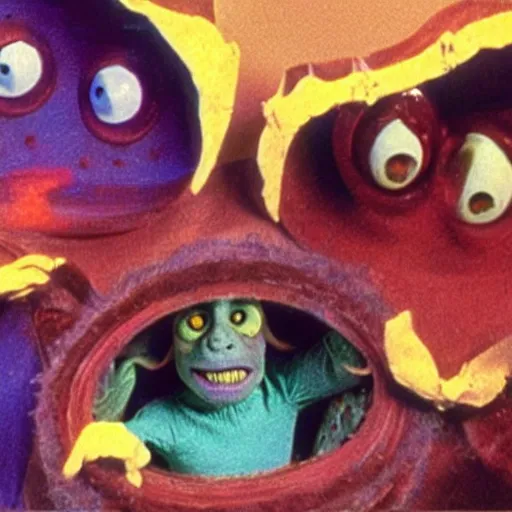 Prompt: still from 1977 live-action children's tv show about a goblin who enters an eyeball cult color