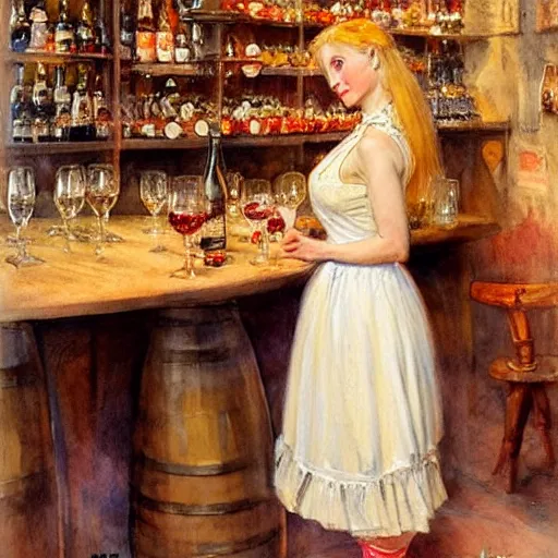 Image similar to beautiful blonde in hot dress in a wine cellar, food, pork, beer, schnapps, rustic, traditional, torches on the wall, watercolor by vladimir volegov, highly detailed, masterpiece, details by carl larsson