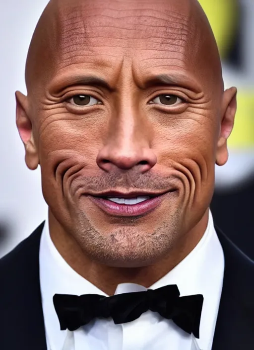 Image similar to a close up photograph of Dwayne Johnson with enormous eyes, a tiny mouth, and an incredibly wide nose