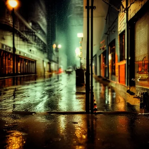 Prompt: gloomy and morbid city scene with a neon sign on the wall, cinematic, blurry, raindrops