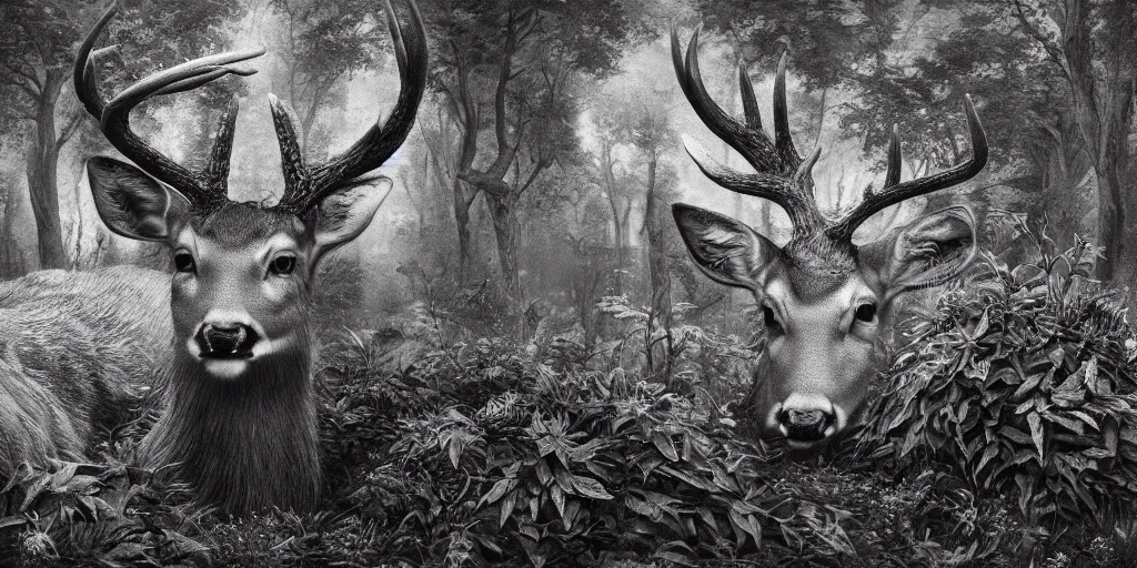 Image similar to portrait of deer getting overgrown by roots, edelweiss growing on his head, forest, dolomites, alpine, detailed intricate insanely detailed octane render, 8k artistic 1920s photography, photorealistic, black and white, chiaroscuro, hd, by David Cronenberg, Raphael, Caravaggio