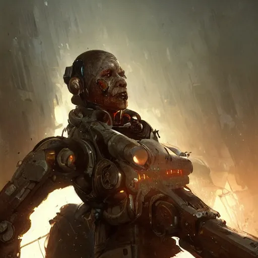 Prompt: Dying cyborg in a war zone, by Cedric Peyravernay, highly detailed, excellent composition, cinematic concept art, dramatic lighting, trending on ArtStation
