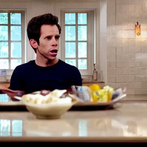 Prompt: dennis reynolds, sitting on a throne in a kitchen, cinematic style