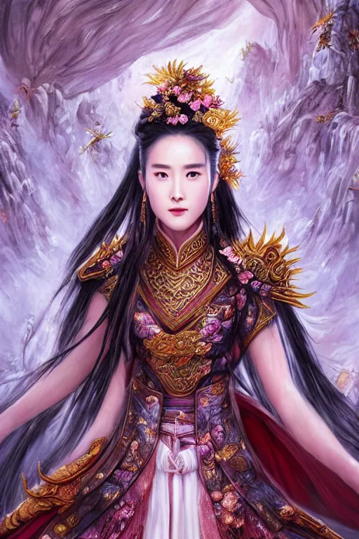 Image similar to beautiful ancient fantasy portrait of wuxia armored heroine Liu Yifei, Zhao Lu Si wearing like Xian Xia wardrobe, in forbidden City, hybrid from Dynasty Warriror, flowers sea rainning everywhere, intricate, very very beautiful, elegant, highly detailed, digital painting, beautiful glowing galaxy eyes, artstation, fantasy concept art, smooth, sharp focus, illustration, art by WLOP and alphonse mucha and tian zi